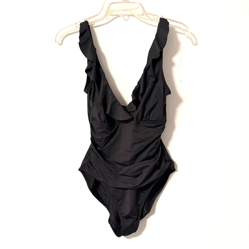 Lauren Ralph Lauren Black Ruffle V-Neck Ruched One Piece Swimsuit Women S‎